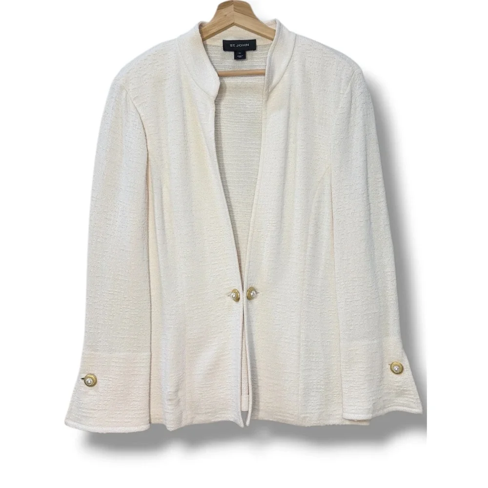 St John Cream Textured Knit Blazer Jacket Gold Pearl Button Flare Sleeve Size 14